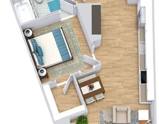 a floor plan with a bedroom, bathroom, kitchen, dining space, and living area