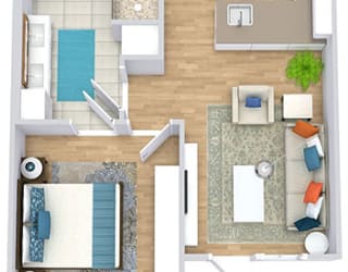 a floor plan with a bedroom, bathroom, kitchen, and living area