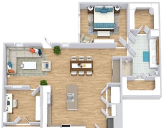 a floor plan with a bedroom, study, kitchen with an island, dining area, and a living room