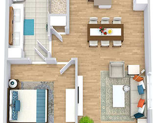 a floor plan with a bedroom, bathroom, kitchen with an island, and a living area