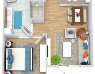 a floorplan with a bedroom, bathroom, kitchen with an "L" shaped counter, small dining space, and living area