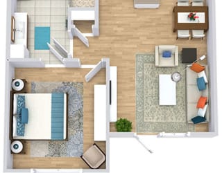 a floor plan with a bedroom, bathroom, kitchen with an island, small dining space, and living area