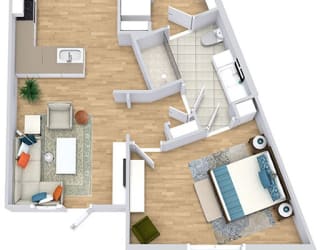 a floor plan with a bedroom, bathroom, kitchen with an "L" shaped counter, and living area