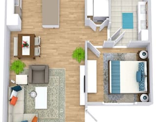 a floor plan with a bedroom, bathroom, kitchen with an island, dining space,  and living area
