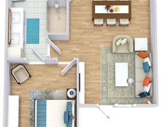 a floor plan with a bedroom, bathroom, kitchen with an island, dining space, and a living room