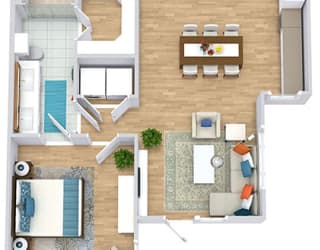 a floor plan with a bedroom, bathroom, kitchen with an island, dining space, and a bathroom