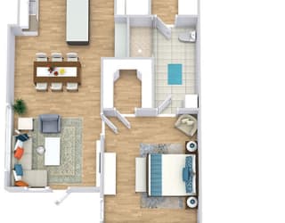 a floor plan of with a bedroom, bathroom, kitchen with an island, dining space, and a living room