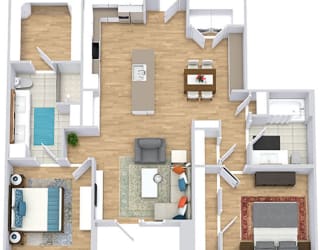 a floor plan with two bedrooms,  two bathrooms, a kitchen with an island, and a living room