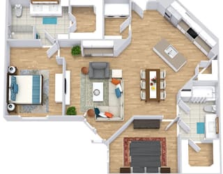 a floor plan with two bedrooms,  two bathrooms, a kitchen with an island, and a living room