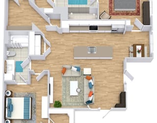 a floor plan with two bedrooms,  two bathrooms, a kitchen with an island, and a living room