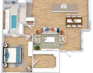 a floor plan with two bedrooms,  two bathrooms, a kitchen with an island, and a living room