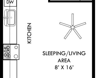 a floor plan of a small house with a bedroom and a bathroom