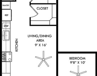 a floor plan of a small house with a kitchen and a living room