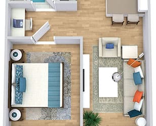 a floor plan of with a bedroom, bathroom, kitchen with an "L" shaped counter with seating, and living area