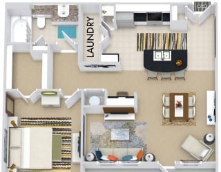 Belfast with Fenced-in Yard 3D. 1 bedroom apartment. Kitchen with bartop open to living/dining rooms. 1 full bathroom. Walk-in closet. Patio/balcony.
