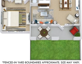 Belfast with Fenced-in Yard 3D. 1 bedroom apartment. Kitchen with bartop open to living/dining rooms. 1 full bathroom. Walk-in closet. Patio/balcony open to yard.