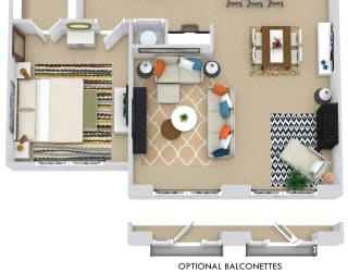The Barcelona 3D. 1 bedroom apartment. Kitchen with bartop open to living/dining rooms. 1 full bathroom. Walk-in closet. Optional balconettes.