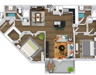 The Rome 3D. 2 bedroom apartment. Kitchen with bartop open to living/dining rooms. 2 full bathrooms. Walk-in closets. Patio/balcony.