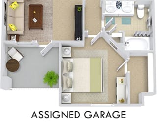 Madrid with Assigned Garage 3D. 1 bedroom apartment. Kitchen with bartop open to living/dinning rooms. 1 full bathroom. Walk-in closet. balcony. External storage. Assigned Garage