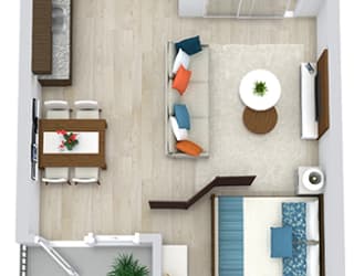 3D studio floorplan with stackable w/d at entrance. full bath with linen shelves. Kitchen with Pantry. Living/Dining/Sleeping areas.
