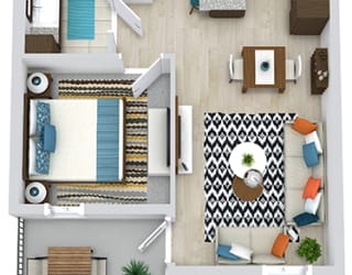 The Laurel 3D. 1 bedroom apartment. Kitchen with island open to living room. full bathroom. Walk-in closet. Patio/balcony.