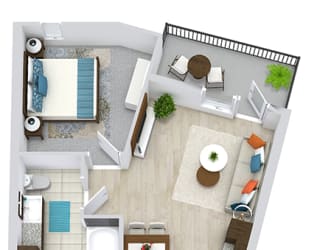 3D 1 bedroom floorplan with fill size w/d kitchen with pantry. living/dining area. bedroom and full bath with walk-in closet.