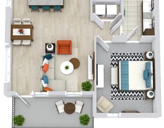 1 bedroom floorplan with kitchen and island sink/dw. full size washer dryer. Living/dining area. Double sink vanity with standalone shower. Walk-in closet.