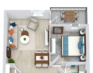 3D 1 bedroom floorplan with l-shaped kitchen and island. Pantry closet. living/dining area. full bath with tub and walk-in closet. stackable W/D.