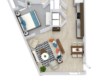 1 bedroom with full bath off of entrance. Full size washer/dryer. Kitchen with pantry cabinet. Living, dining area. Sliding doors leading to bedroom and walk-in closet. Bedroom has entrance to bath.