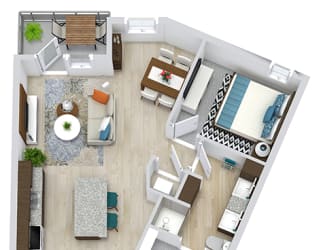 1 bedroom floorplan with large laundry room. Kitchen with island. living/dining area. bath with standalone shower. Large Walk-in closet.