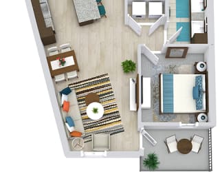 1 bedroom floorplan with L-shaped kitchen with island and pantry. Living/dining area. Full size w/d. Bathroom with double sink vanity and standalone shower. Walk-in closet