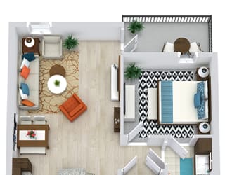 1 bedroom floorplan with L-shaped kitchen with island and pantry. Living/dining area. Full size w/d. Bathroom with double sink vanity and standalone shower. Walk-in closet