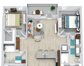 2 bedroom 2 bath floorplan with u-shaped kitchen with peninsula sink/dw. overlooking the living/dining area. bedrooms on opposite sides. primary bath with double sink vanity. walk-in closets. full size w/d.
