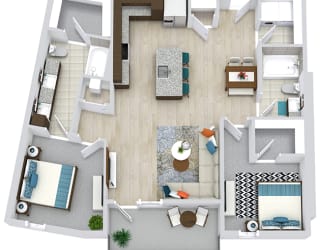 2 bedroom 2 bath floorplan. l-shaped kitchen with island and pantry. dining area and living area. double sink vanity in primary bathroom. Walk-in closets. full size w/d.