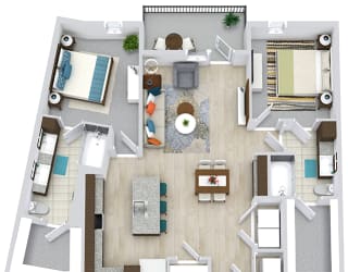 2 bedroom 2 bath floorplan with l-shaped kitchen and island with sink and d/w. dining area and living area. double sink vanity in primary bedroom. large walk-in closets. full size w/d.