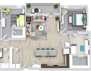 3 bedroom 3 bath floor plan with L-shaped kitchen with sink/dw in island. overlooks living/dining area. Primary bathroom includes double sink vanity. Full size w/d. Large walk-in closets