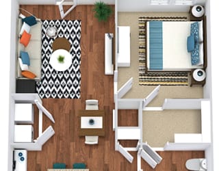The Brooks. 1 bedroom apartment. Kitchen with island open to living/dinning rooms. 1 full bathroom. Walk-in closet. Patio/balcony.