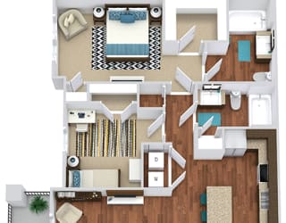 The Travis. 2 bedroom apartment. Kitchen with island open to living/dinning rooms. 2 full bathrooms. Walk-in closet in master. Patio/balcony.