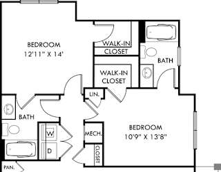A floor plan of a home with two bedrooms, a living room, a dining room, a kitchen, a bathroom, a walk-in closet, and an entry.