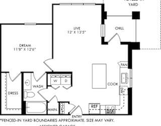 A floor plan of a house with a fenced-in yard.