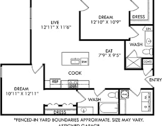 A floor plan of a house with a fenced-in yard.