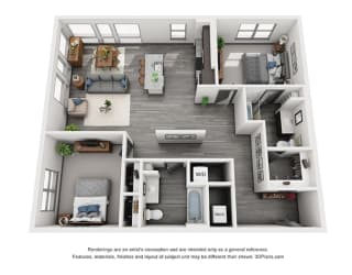 2 bedroom floorplan. Entrance hall leads to kitchen/living/dining areas. guest bathroom with linen shelves. bedrooms on opposite ends of apartment. primary bedroom has private bathroom that leads to Walk-in closet. W/D.