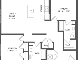 2 bedroom floorplan. Entrance hall leads to kitchen/living/dining areas. guest bathroom with linen shelves. bedrooms on opposite ends of apartment. primary bedroom has private bathroom that leads to Walk-in closet. W/D.