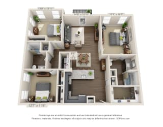 The Vanworth 3D. 3 bedroom apartment. Kitchen with bartop open to living/dinning room. 2 full bathrooms, double vanity & shower stall in master. Walk-in closets. Patio.