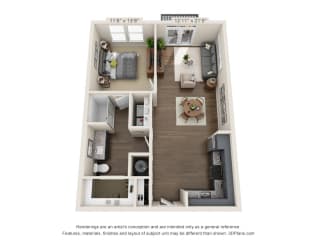 The Warnell 3D. 1 bedroom apartment. Kitchen open to living room. 1 full bathroom. Walk-in closet. Patio/balcony.