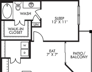 The Longhorn with Assigned Garage 3D. 1 bedroom apartment. Kitchen with island open to living/dinning rooms. 1 full bathroom. Walk-in closet. Patio/balcony.