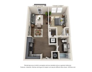 The Newt 3D. 1 bedroom apartment. Kitchen open to living room. 1 full bathroom. Walk-in closet. Patio/balcony.