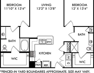 The Zilker. 2 bedroom apartment with Fenced-in yard. Kitchen with bartop open to living room. 2 full bathrooms, double vanity in master, shower stall in guest. Walk-in closets. Patio/balcony.
