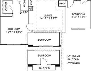 The Vancouver + Sunroom. 2 bedroom apartment. Kitchen with bartop open to living/dining rooms. 2 full bathrooms, double vanity in master. Walk-in closets. Sunroom.