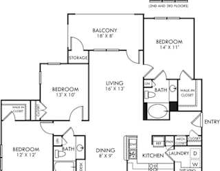 A black and white image of a floor plan for a two bedroom apartment.